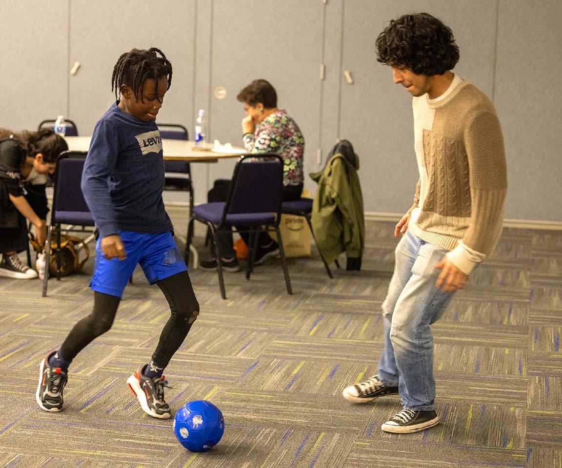 Practicing some indoor soccer moves
